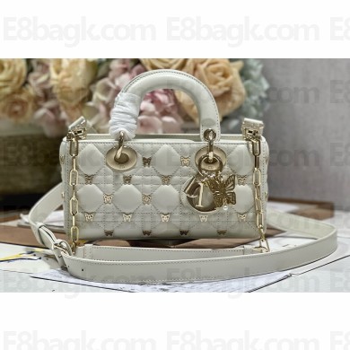 Dior Small Lady D-Joy Bag in White Cannage Lambskin with Gold-Finish Butterfly Studs 2024