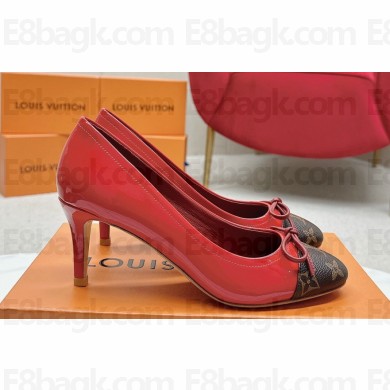 Louis Vuitton Patent Leather Red and Monogram Canvas Stiletto Heel Pumps with Bow