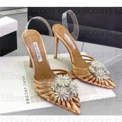 Aquazzura Heel 10.5cm Crystal Margarita Sling Pumps with clear PVC strap in Leather Bronze 2024