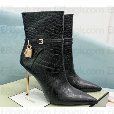 Tom Ford Heel 10.5cm Leather Padlock Ankle Boots Croco Pattern Black 2024