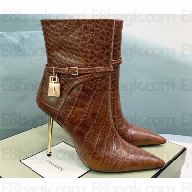 Tom Ford Heel 10.5cm Leather Padlock Ankle Boots Croco Pattern Brown 2024