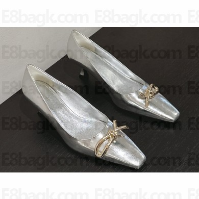 Ferragamo Heel 4.5cm Kitten heel pumps with asymmetric bow in calfskin Silver 2024