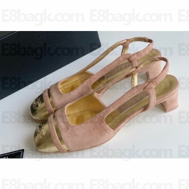 Chanel CC Logo Nude Pink Suede and Gold Leather Slingbacks 2024