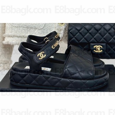 Chanel Heel 4cm Logo and Quilting Lambskin Beach Sandals Black 2024