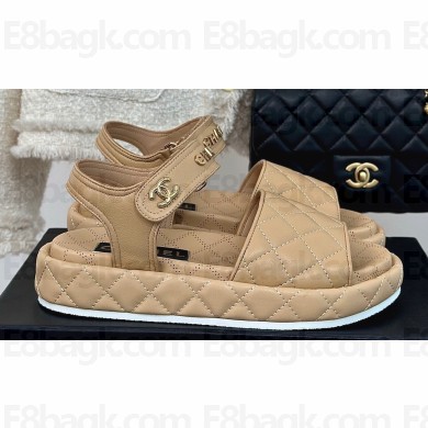 Chanel Heel 4cm Logo and Quilting Lambskin Beach Sandals Beige 2024