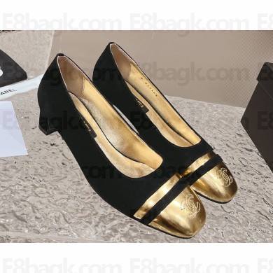 Chanel Heel 5cm CC Logo Black Suede and Gold Leather Pumps 2024