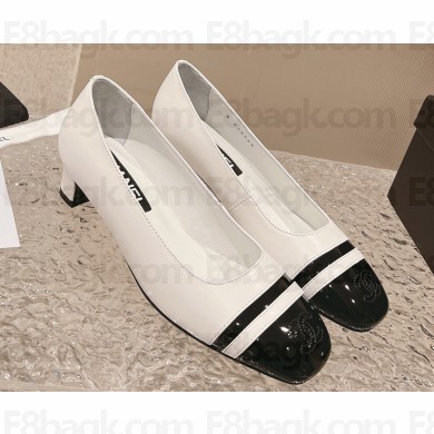 Chanel Heel 5cm CC Logo White and Black Patent Leather Pumps 2024