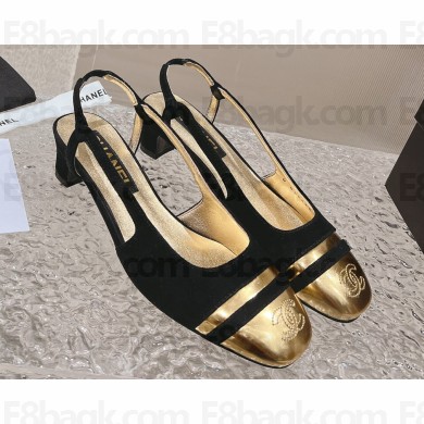 Chanel Heel 5cm CC Logo Black Suede and Gold Leather Slingbacks 2024