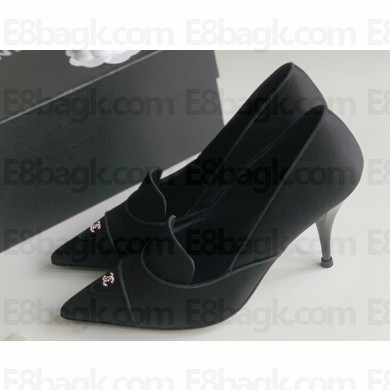 Chanel Heel 8cm Crystal CC Logo Vintage Pumps in Satin Black 2024