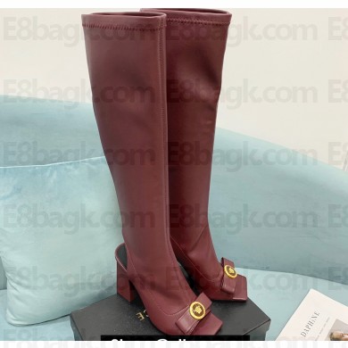 Versace Heel 10.5cm Gianni Ribbon Knee-High Boots Leather Burgundy 2024