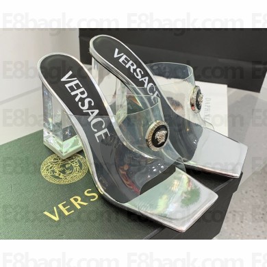Versace Clear Heel 10cm Medusa hardware Alia Mules PVC Silver 2024