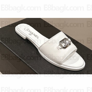Chanel Shiny Calfskin & Metal Mules G45172 White 2024
