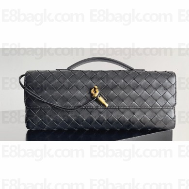 Bottega Veneta Long Clutch Andiamo With Handle Intrecciato leather bag Black with metallic knot closure 2024