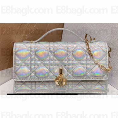 Miss Dior Mini Bag in Cannage Lambskin Iridescent Metallic Silver with Removable jewel chain 2024