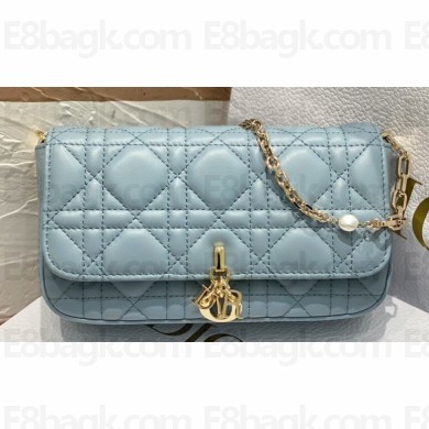 Lady Dior Phone Pouch Bag in Cannage Lambskin Cloud Blue with Removable jewel chain 2024