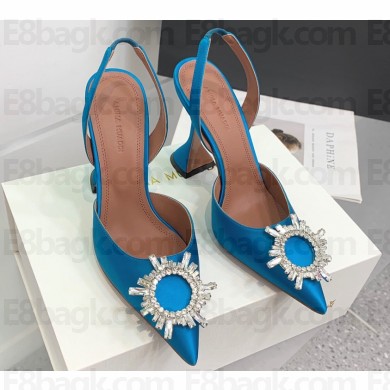 Amina Muaddi Heel 9.5cm Begum Sling Satin Blue 02 with Starbust embellished brooch