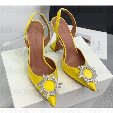 Amina Muaddi Heel 9.5cm Begum Sling Satin Yellow with Starbust embellished brooch
