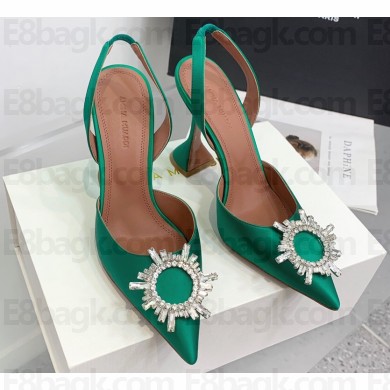 Amina Muaddi Heel 9.5cm Begum Sling Satin Green 02 with Starbust embellished brooch