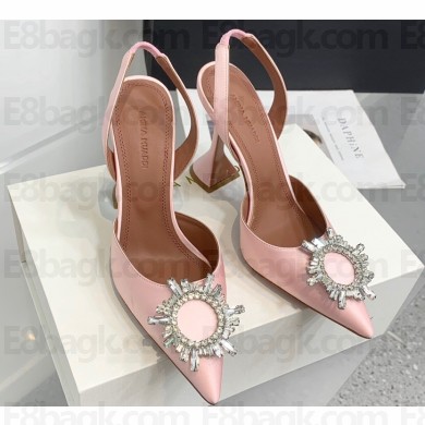 Amina Muaddi Heel 9.5cm Begum Sling Satin Light Pink with Starbust embellished brooch