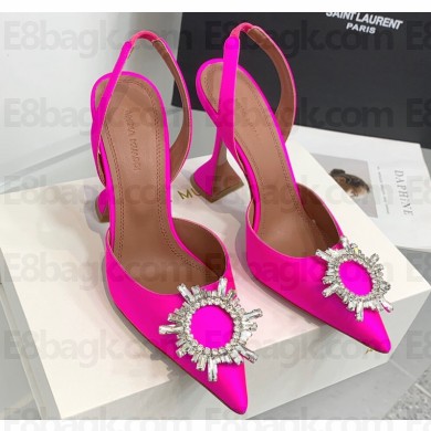 Amina Muaddi Heel 9.5cm Begum Sling Satin Fuchsia with Starbust embellished brooch