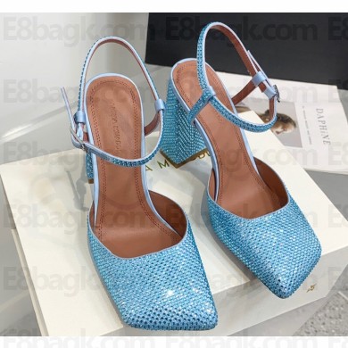 Amina Muaddi Heel 9.5cm Charlotte Crystal Pumps Satin Blue 2024