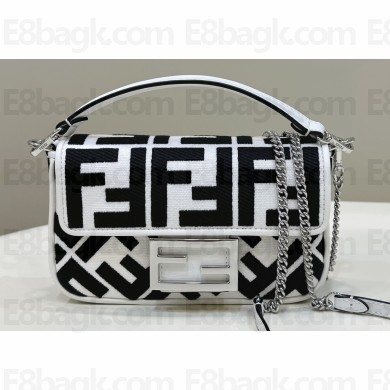 Fendi Mini Baguette bag in White/Black canvas with FF embroidery