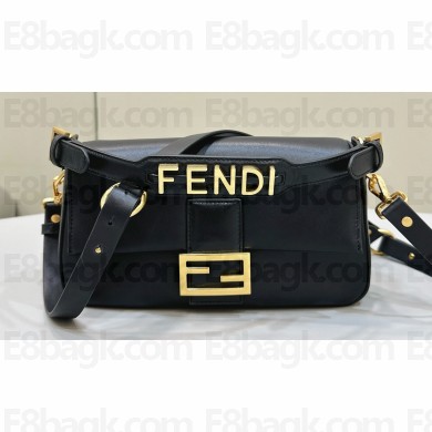 Fendi by Stefano Pilati Medium Baguette Bag handle with metal FENDI lettering in Black nappa leather 2024