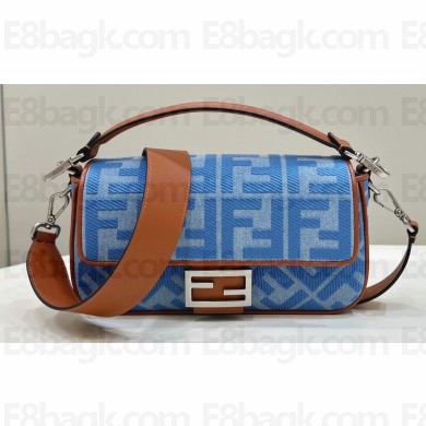 Fendi Medium Baguette bag in Denim Blue with FF embroidery