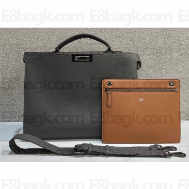 Fendi Peekaboo Iseeu Medium Bag in Selleria Leather 7VA529 Dark Gray/Brown