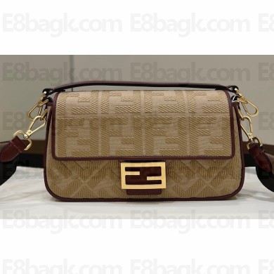 Fendi Medium Baguette bag in Beige/Burgundy canvas with FF embroidery