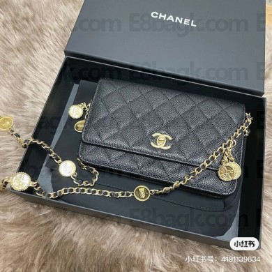 CHANEL BLACK Grained Calfskin & Gold-Tone Metal Wallet on Chain 2022