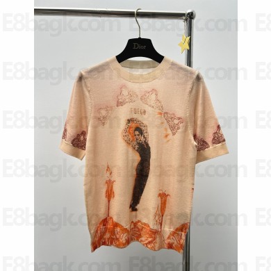 dior Beige Cotton Jersey and Linen with Fuego Motif T-Shirt 2023