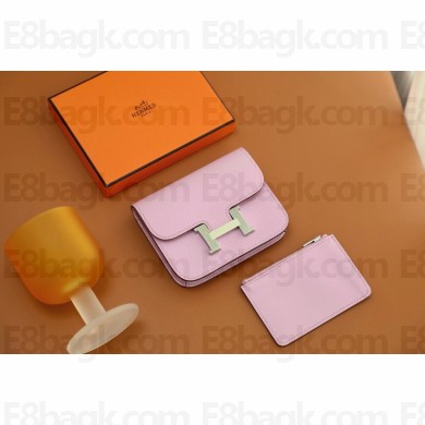Hermes epsom leather Constance Slim Wallet with belt handmade mauve sylvestre/silver (original quality)