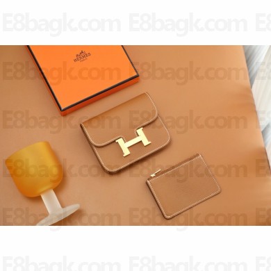 Hermes epsom leather Constance Slim Wallet with belt handmade gold brown/gold (original quality)