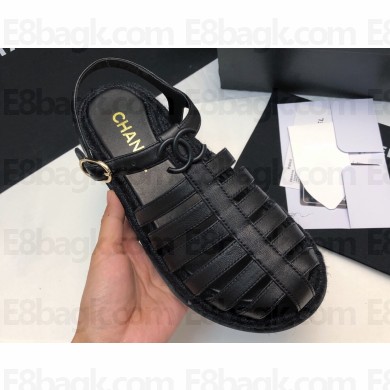 Chanel CC Logo Lambskin Caged Espadrille Sandals Black 2024