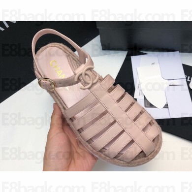 Chanel CC Logo Lambskin Caged Espadrille Sandals Nude Pink 2024