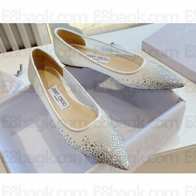 Jimmy Choo Love Mesh Pointed-Toe Flats White with Dégradé Crystals 2024