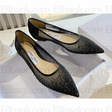 Jimmy Choo Love Mesh Pointed-Toe Flats Black with Dégradé Crystals 2024