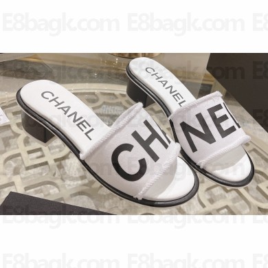 Chanel Heel 4.5cm Logo Fabric Mules White 2024
