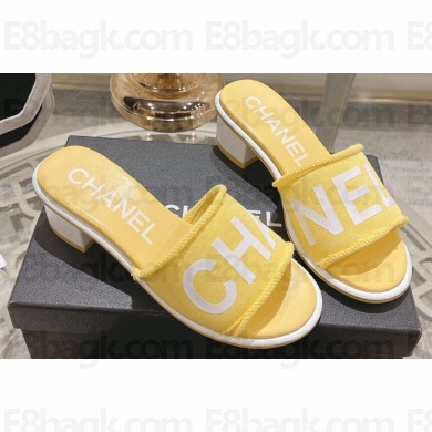 Chanel Heel 4.5cm Logo Fabric Mules Yellow 2024