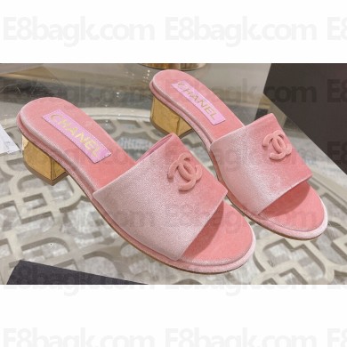 Chanel Gold Heel CC Logo Fabric Mules Pink 2024
