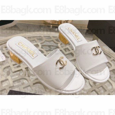 Chanel Gold Heel CC Logo Lambskin Mules White 2024