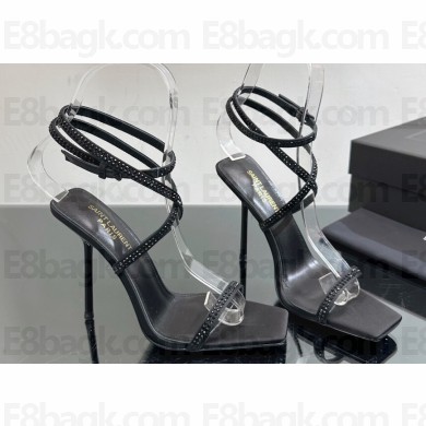 Saint Laurent Heel 8.5cm/11.5cm Gippy Satine Crystal Embellished Sandals Black 2024