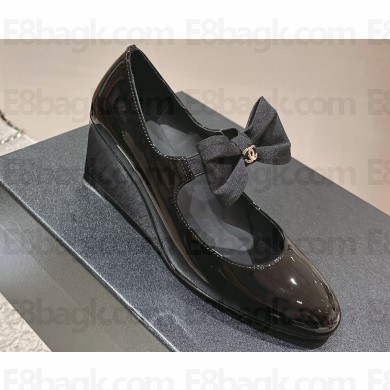 Chanel Patent Calfskin Wedge Mary Janes G45422 Black with Grosgrain Bow 2024