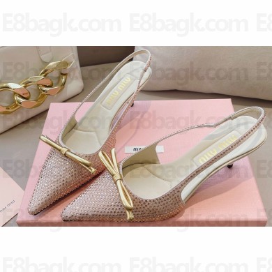 Miu Miu Heel 5.5cm Satin slingback pumps with artificial crystals 5I053E Pink Gold 2024