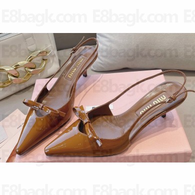 Miu Miu Heel 5.5cm Patent leather slingbacks with bow Brown 2024