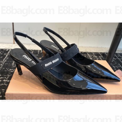 Miu Miu Heel 6.5cm Patent Leather Logo-band Slingback Pumps Black 2024