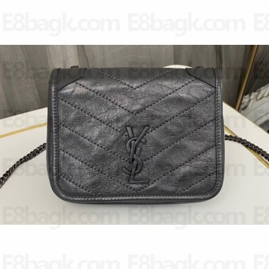 Saint Laurent Niki Chain Wallet Bag in Crinkled Vintage Leather 583103 Gray