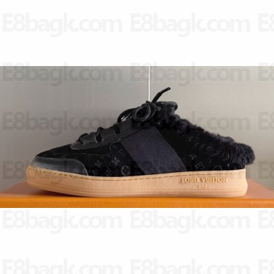 Louis Vuitton Lous Open Back Sneakers Monogram-debossed suede calf leather and shearling Black Top Quality