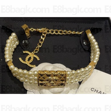 Chanel Metal & Glass Pearls Choker Necklace ABB838 Dark Gold & Pearly White 2024